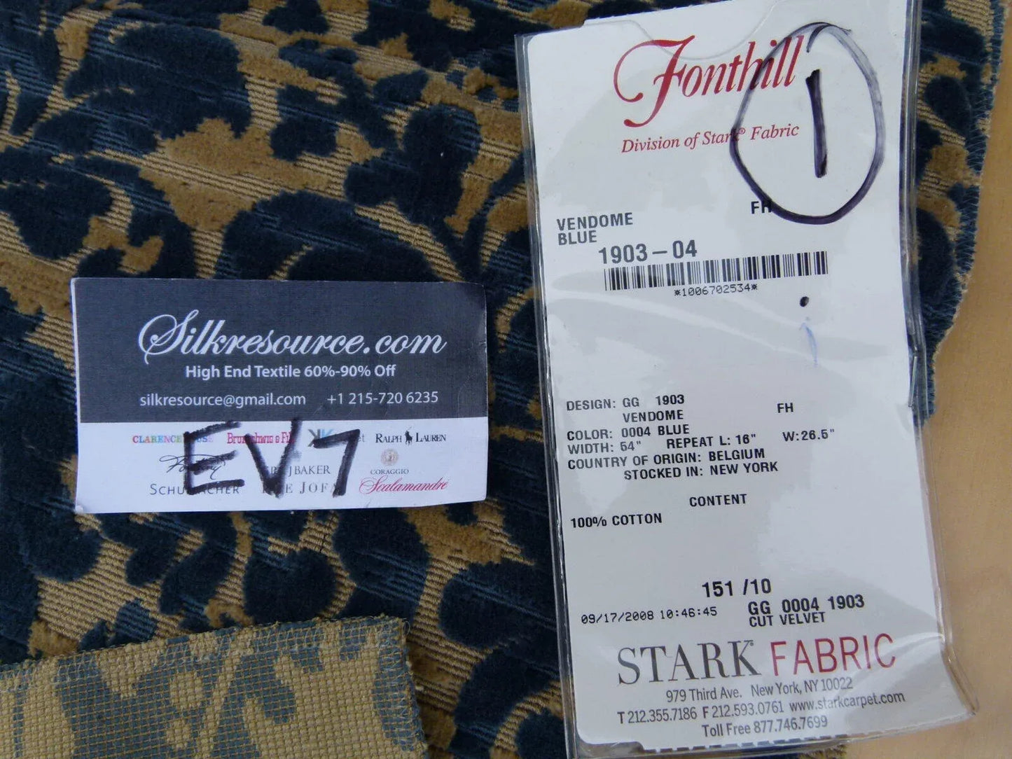 18 Ev7 Scalamandre Showroom Sample Square Vendome Blue Tan Cotton Cut Velvet Floral