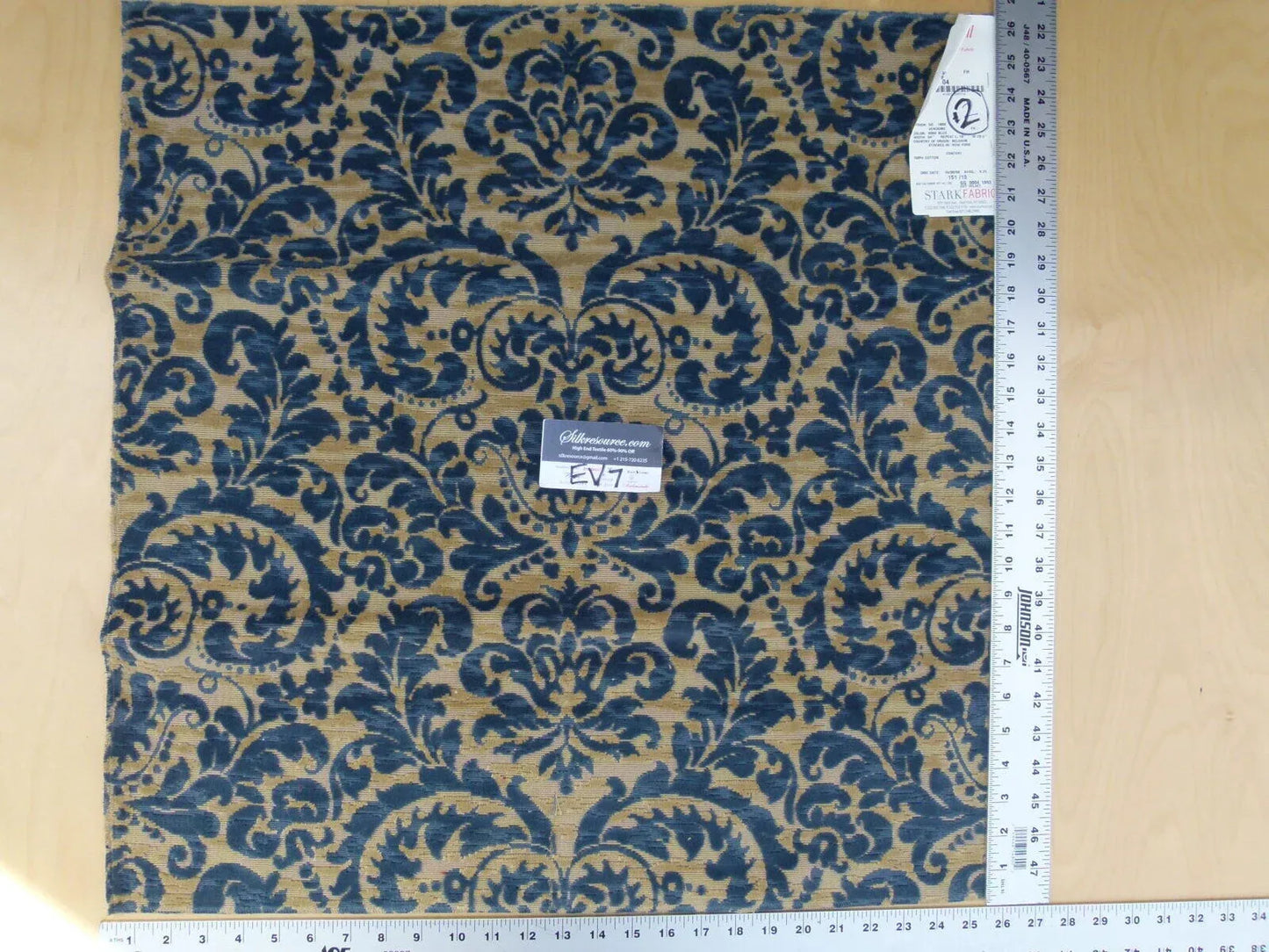 19 Ev7 Scalamandre Showroom Sample Square Vendome Blue Tan Cotton Cut Velvet Floral #2