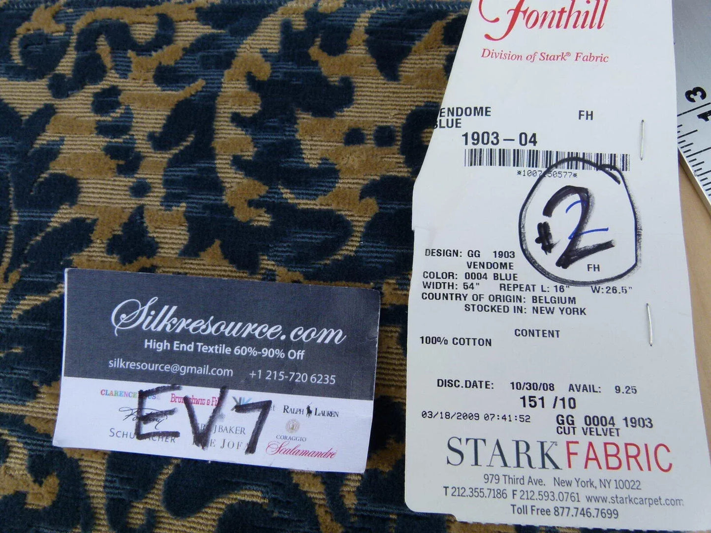 19 Ev7 Scalamandre Showroom Sample Square Vendome Blue Tan Cotton Cut Velvet Floral #2