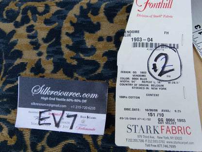 19 Ev7 Scalamandre Showroom Sample Square Vendome Blue Tan Cotton Cut Velvet Floral #2