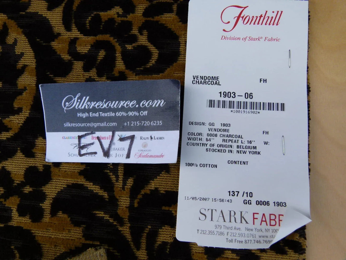 20 Ev7 Scalamandre Showroom Sample Square Vendome Charcoal Tan Cotton Cut Velvet Floral