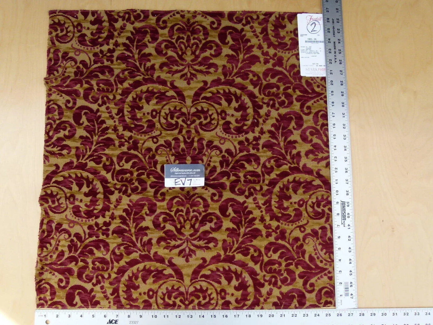22 Ev7 Scalamandre Showroom Sample Square Vendome Red Tan Cotton Cut Velvet Floral #2