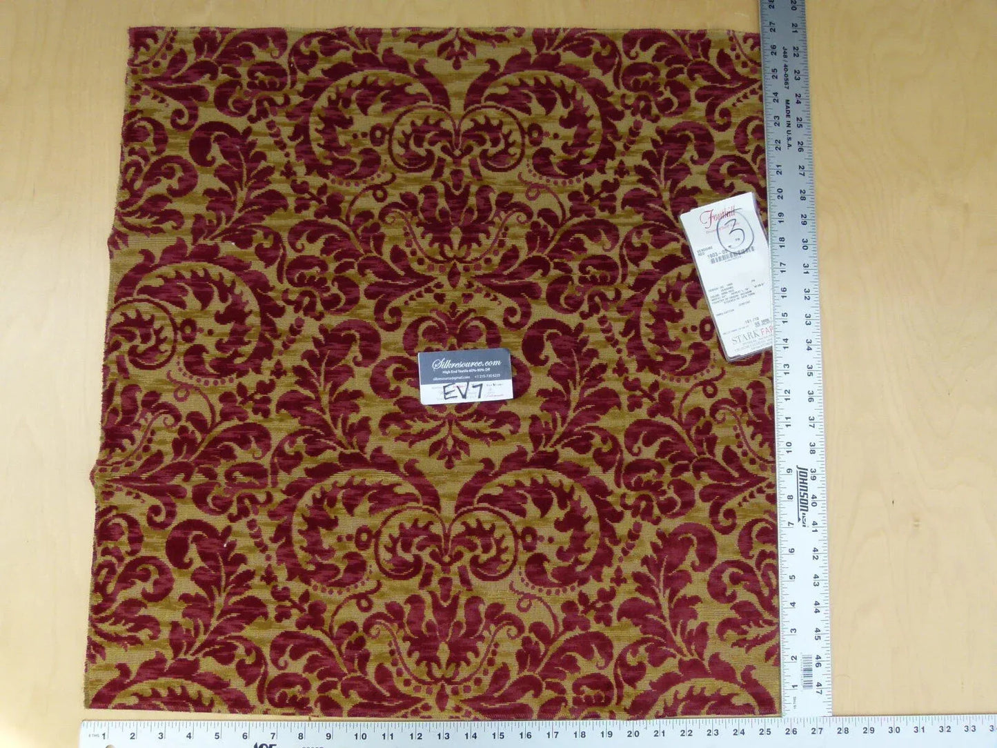 23 Ev7 Scalamandre Showroom Sample Square Vendome Red Tan Cotton Cut Velvet Floral #3