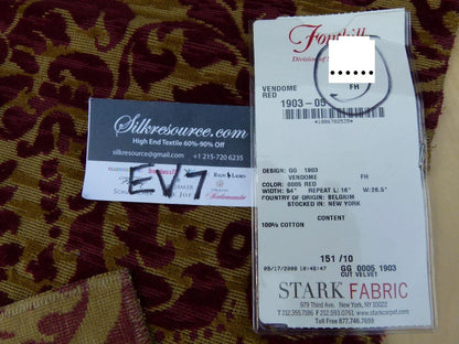22 Ev7 Scalamandre Showroom Sample Square Vendome Red Tan Cotton Cut Velvet Floral #2