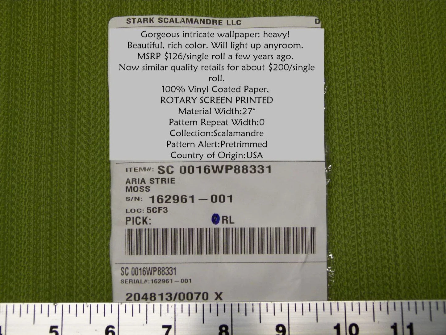 Aria Strie Moss Green Wallpaper Scalamandre 5 Yards Single Roll MSRP USD 126/single Roll