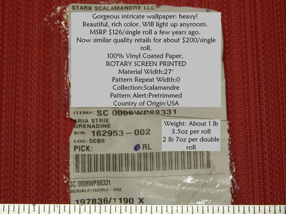 Aria Strie Grenadine Red Wallpaper Scalamandre 5 Yards Single Roll MSRP USD 126/single Roll