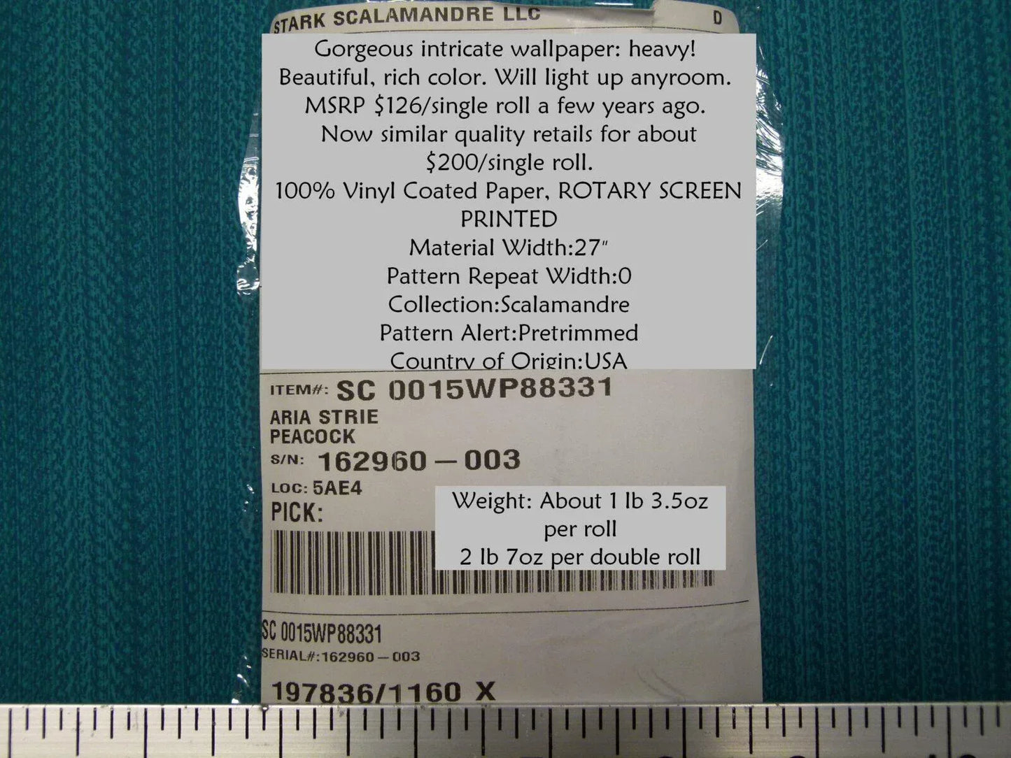 Aria Strie Peacock Blue Wallpaper Scalamandre 5 Yards Single Roll MSRP USD 126/single Roll