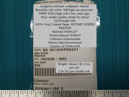 Aria Strie Peacock Blue Wallpaper Scalamandre 5 Yards Single Roll MSRP USD 126/single Roll