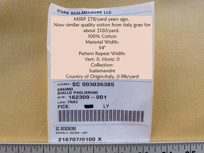 Scalamandre Eskimo Giallo Paglierino Straw Yellow Cotton Heavy Duty MSRP USD 150/Y bty