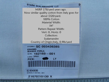 Scalamandre Eskimo Bianco Perla Pearl White Cotton Heavy Duty MSRP USD 150/Y bty