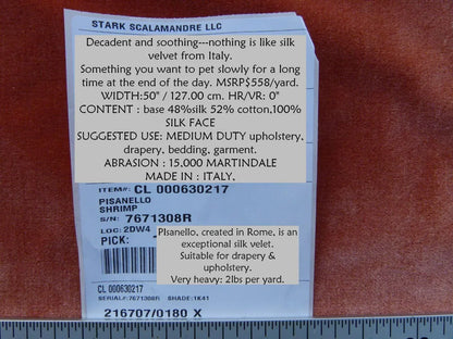 By Yard Scalamandre Pisanello Silk Velvet Shrimp Pink Orange Red MSRP USD 558/Y (copy)