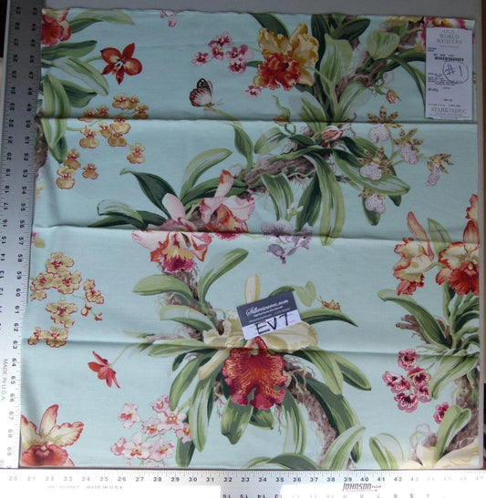 38 Ev7 Scalamandre Showroom Sample Square Leilani Aqua Linen Cotton Floral Butterfly Print #1
