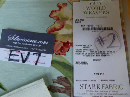 39 Ev7 Scalamandre Showroom Sample Square Leilani Aqua Linen Cotton Floral Butterfly Print #2