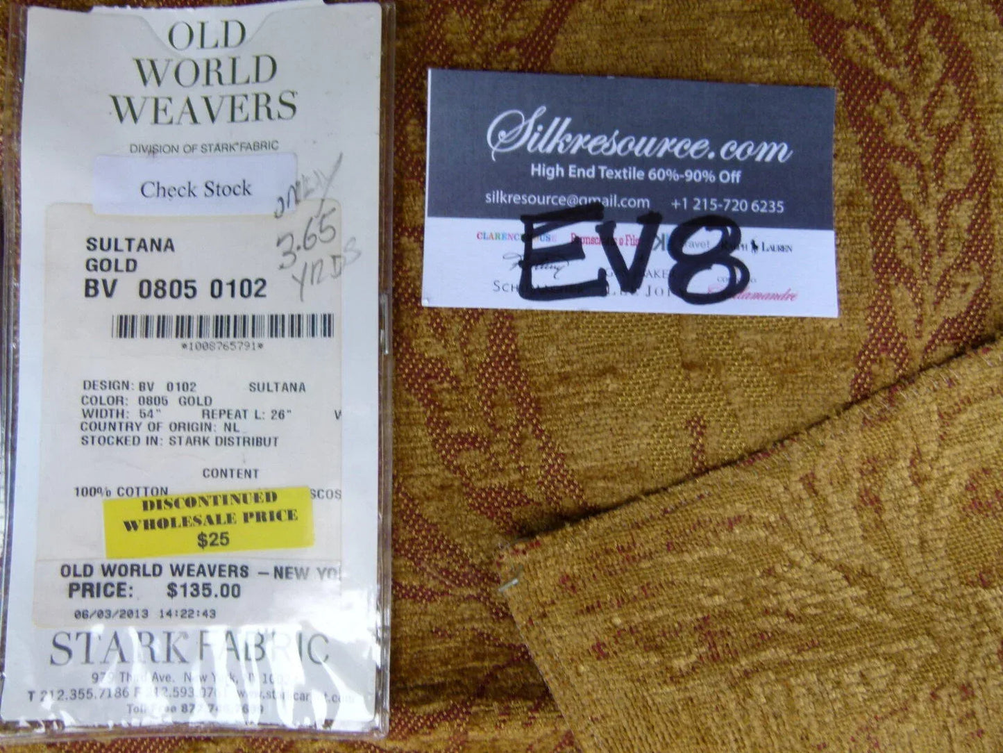 1 Ev8 Scalamandre Showroom Sample Square Sultana Gold Brown Cotton MSRP USD 135/Y