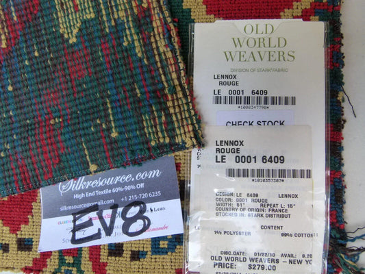 4 Ev8 Scalamandre Showroom Sample Square Lennox Rouge Red Blue Tan Green Cotton MSRP USD 279/Y