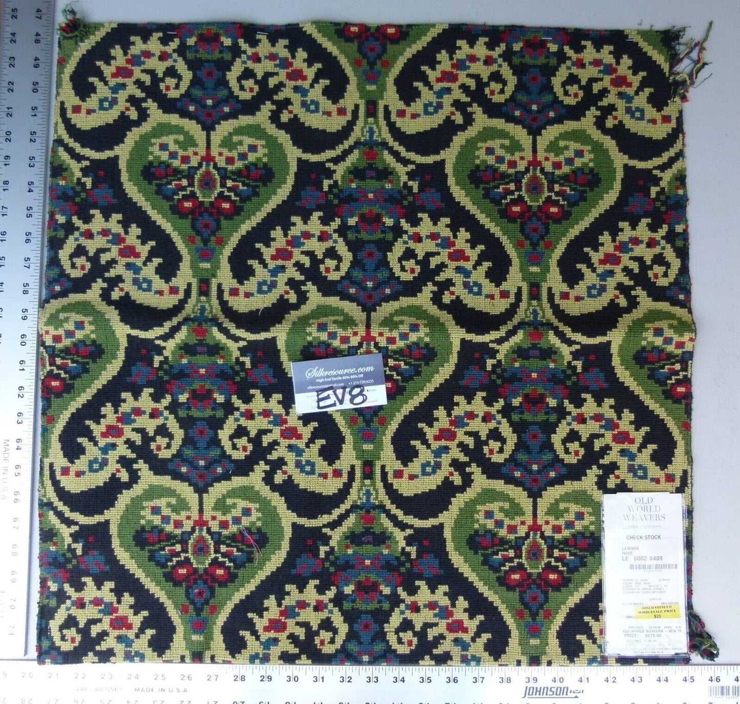 7 Ev8 Scalamandre Showroom Sample Square Lennox Noir Black Blue Red Green Cotton MSRP USD 279/Y