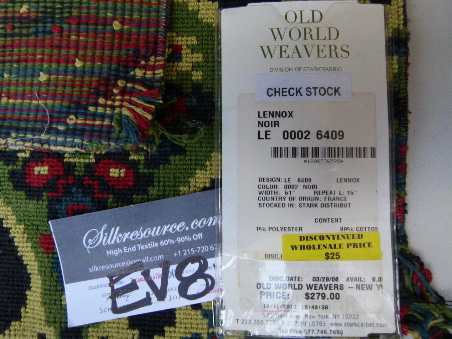 7 Ev8 Scalamandre Showroom Sample Square Lennox Noir Black Blue Red Green Cotton MSRP USD 279/Y