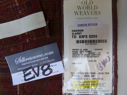 8 Ev8 Scalamandre Showroom Sample Square Cawdor Claret Deep Red Plaid Wool MSRP USD 222/Y