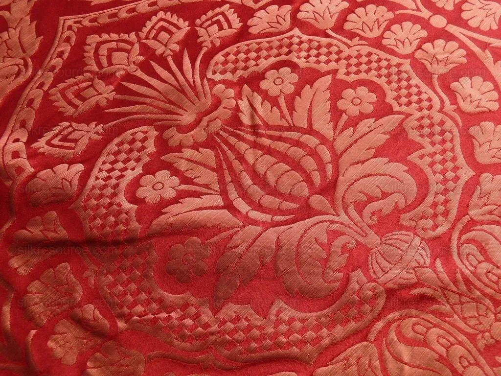 by yard Renaissance Artichoke Silk Damask In Cabernet Red &amp; Copper