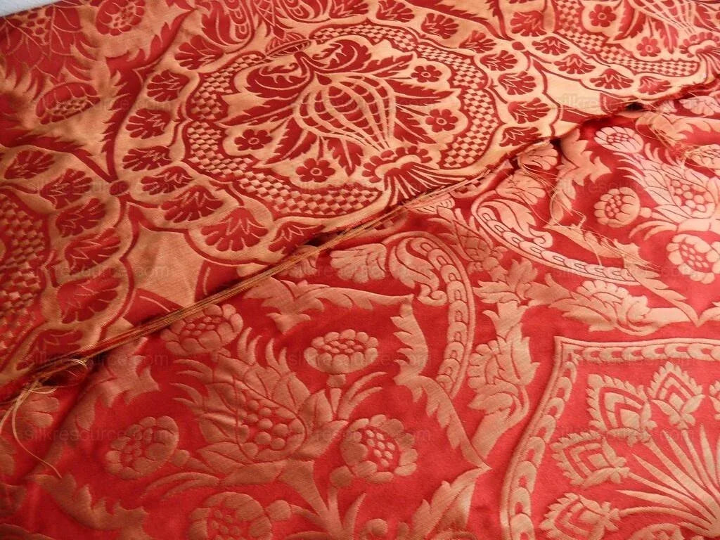 by yard Renaissance Artichoke Silk Damask In Cabernet Red &amp; Copper