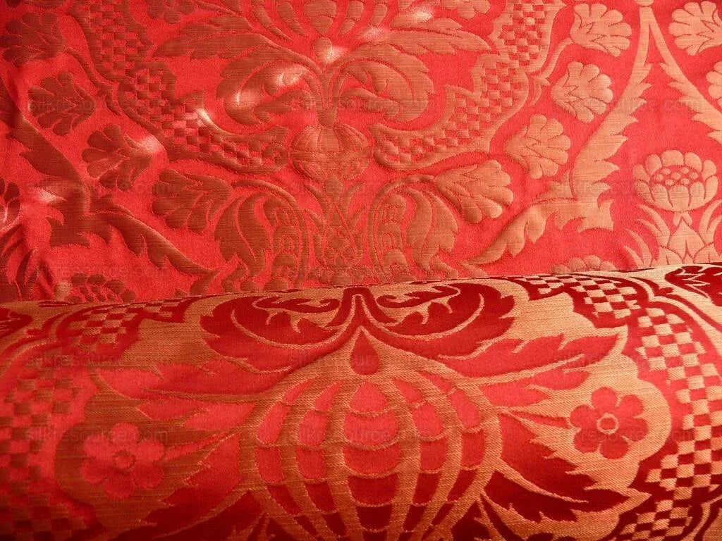 by yard Renaissance Artichoke Silk Damask In Cabernet Red &amp; Copper