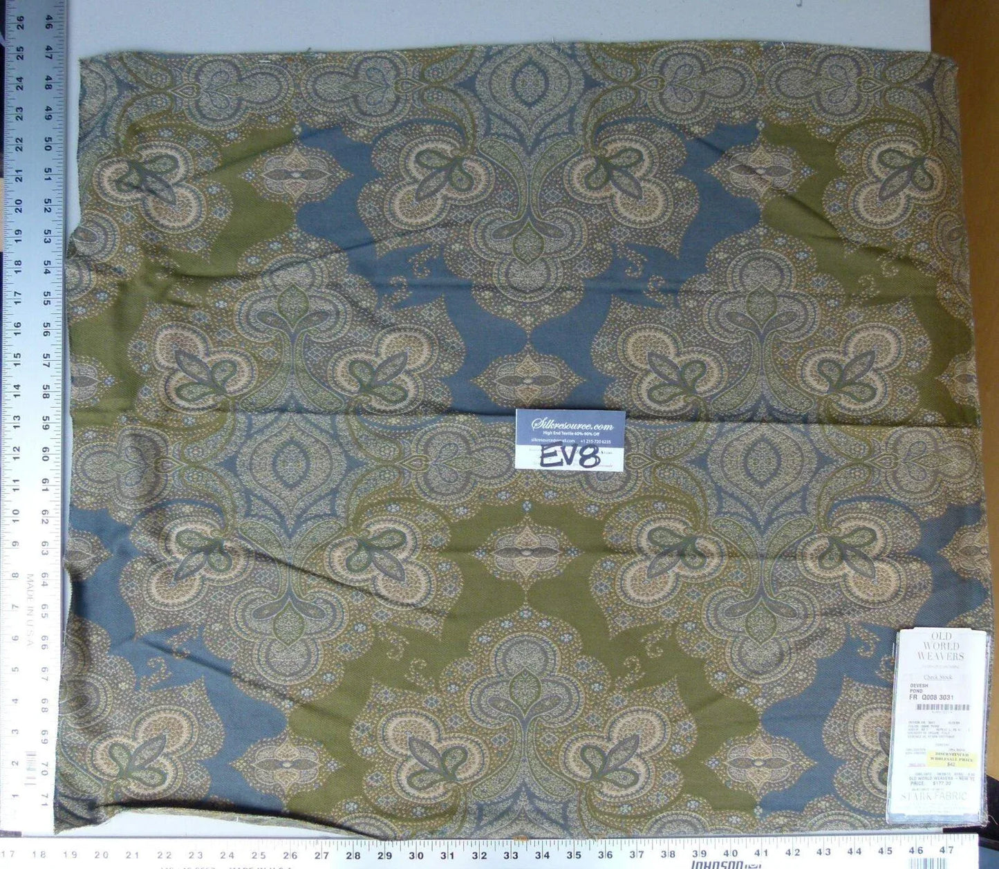 18 Ev8 Scalamandre Showroom Sample Square Devesh Pond Green Blue Paisley Woven MSRP USD 192/Y