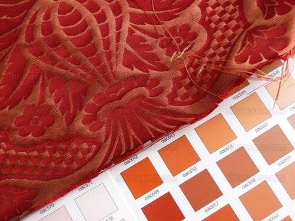 by yard Renaissance Artichoke Silk Damask In Cabernet Red &amp; Copper