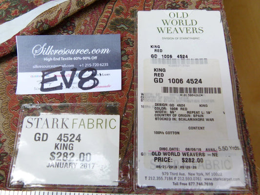 19 Ev8 Scalamandre Showroom Sample Square King Red Tan Paisley Cotton MSRP USD 282/Y