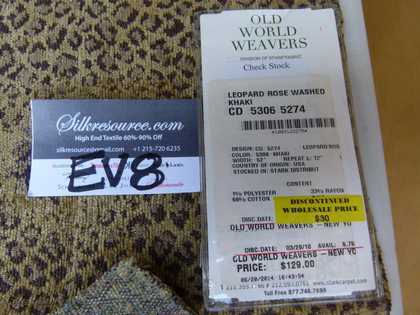 22 Ev8 Scalamandre Showroom Sample Square Leopard Rose Washed Khaki Floral MSRP USD 129/Y