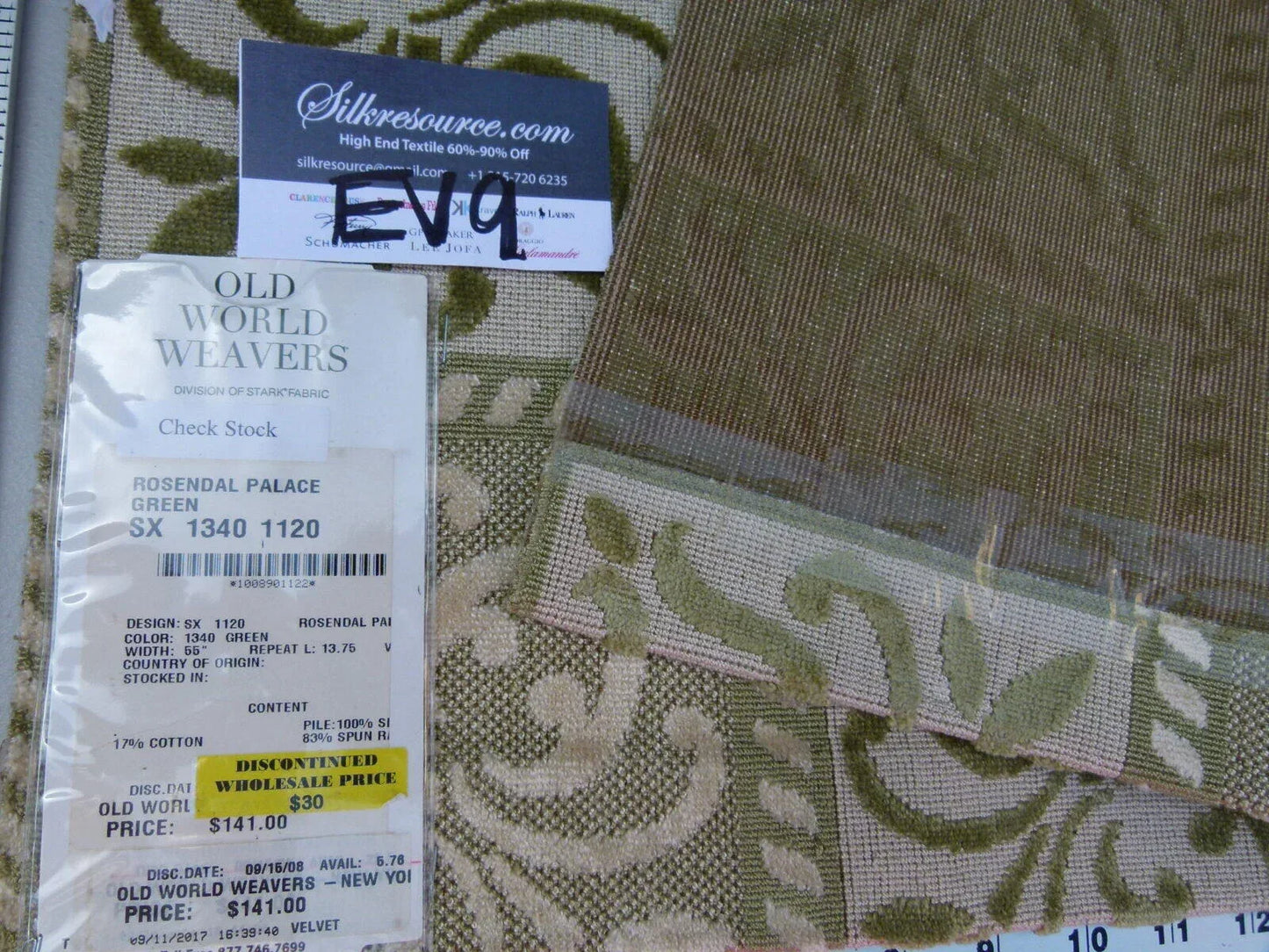 2 Ev9 Scalamandre Showroom Sample Square Rosendal Palace Green Tan Beige Velvet MSRP USD 141/Y