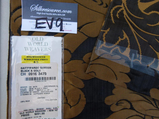 6 Ev9 Scalamandre Showroom Sample Square Gattopardo Damask Black Gold Silk Cotton MSRP USD 201/Y