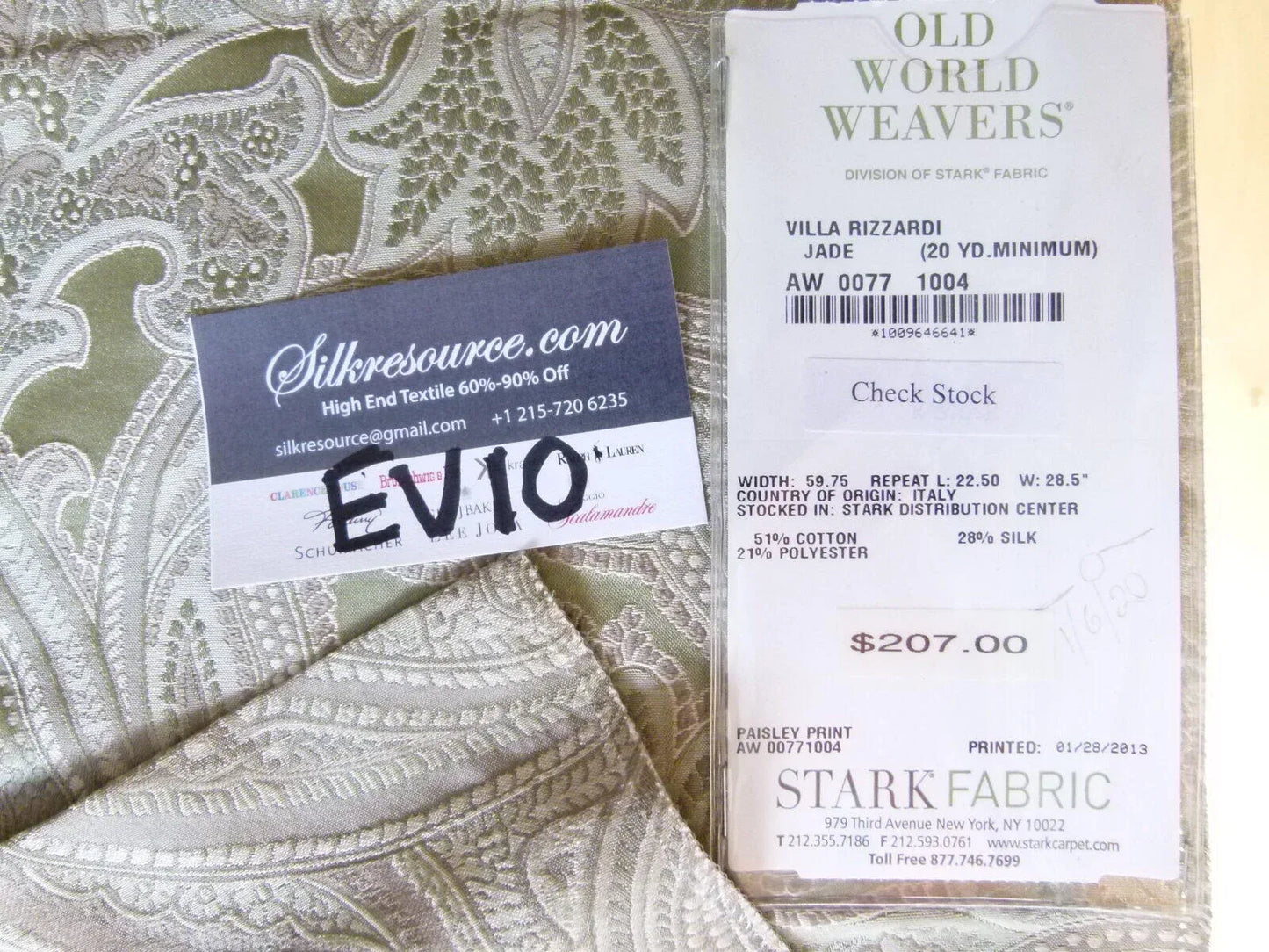 1 Ev10 Scalamandre Showroom Sample Square Villa Rizzardi Silk Jade Green Paisley MSRP USD 207/Y