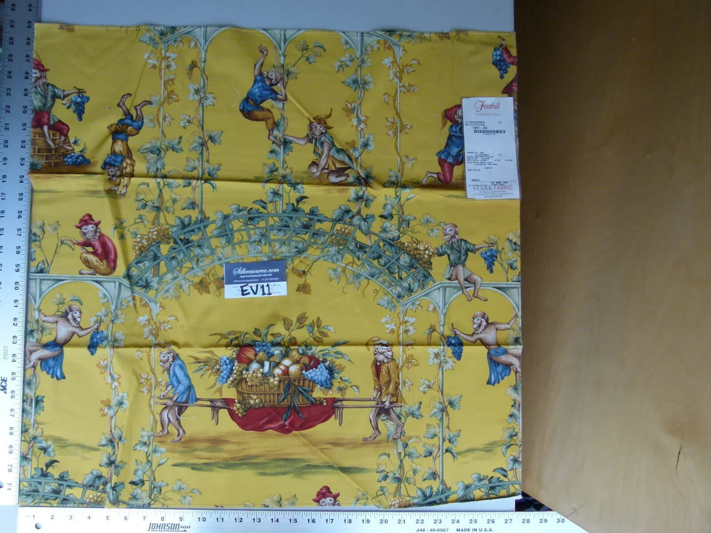 18 Ev11 Scalamandre Showroom Sample Square La Vendemmia Multi Yellow Monkey Fun Cotton Print