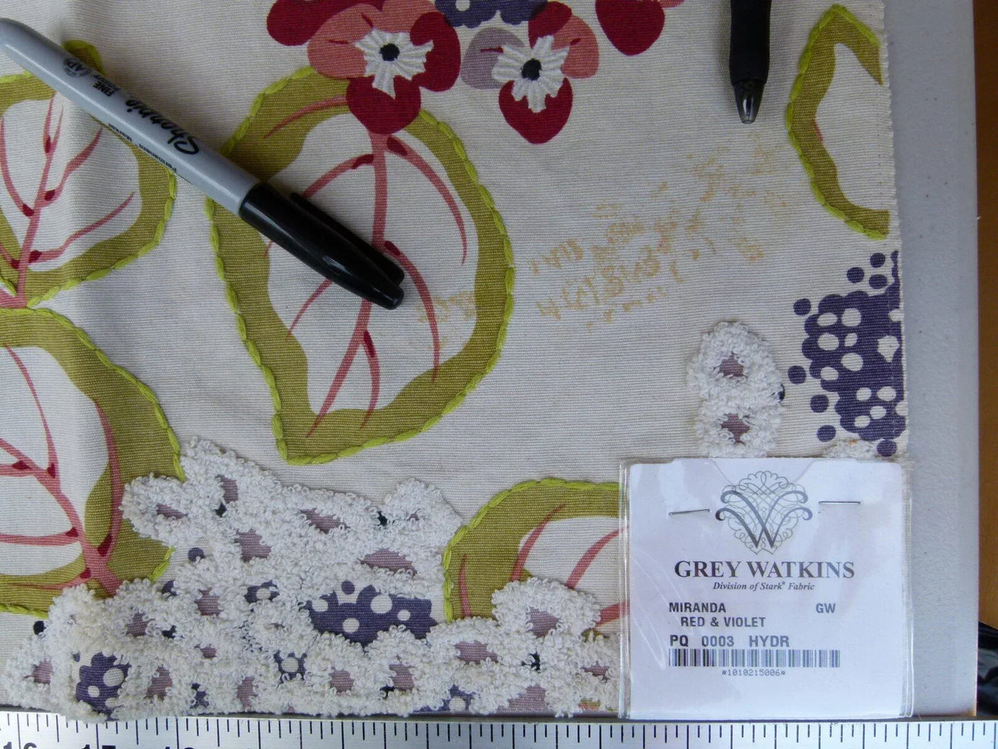 21 Ev11 Scalamandre Showroom Sample 26"x18" Miranda Red Violet Purple Cotton Embroidery Floral