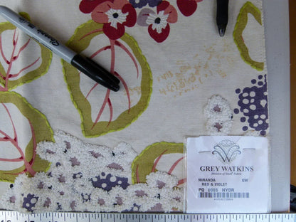 21 Ev11 Scalamandre Showroom Sample 26"x18" Miranda Red Violet Purple Cotton Embroidery Floral