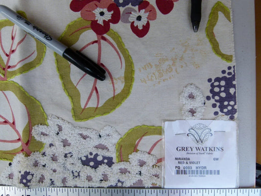 21 Ev11 Scalamandre Showroom Sample 26"x18" Miranda Red Violet Purple Cotton Embroidery Floral
