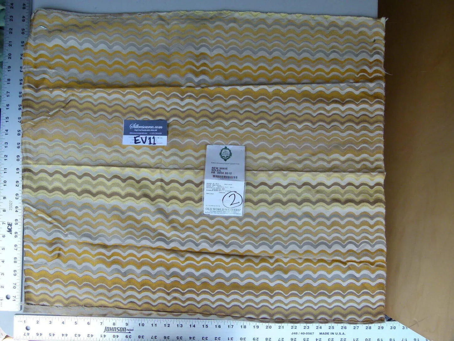 24 Ev11 Scalamandre Showroom Sample Square New Wave Soliel Gold Yellow Tan 100%silk Wavy Stripe #2