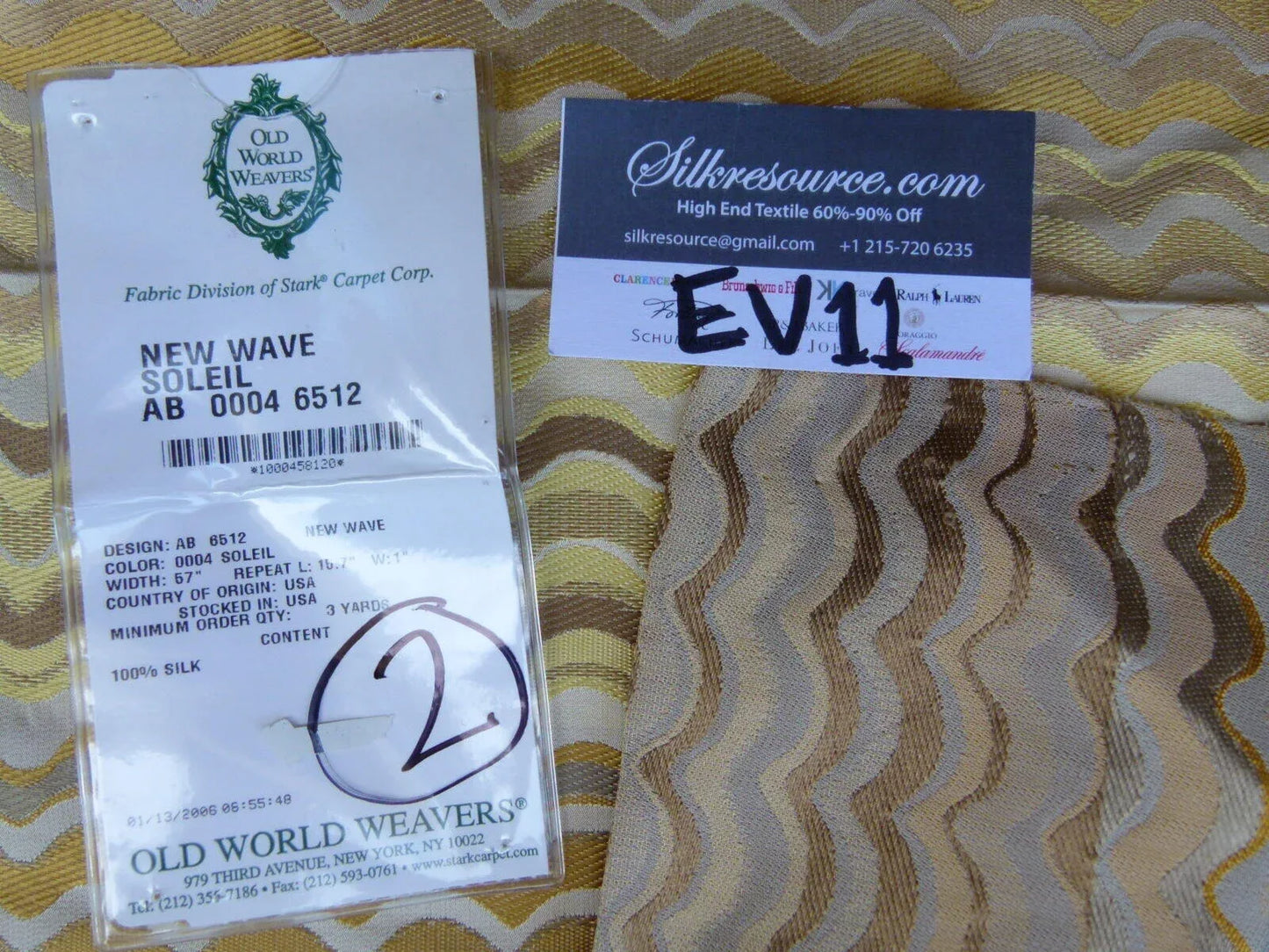 24 Ev11 Scalamandre Showroom Sample Square New Wave Soliel Gold Yellow Tan 100%silk Wavy Stripe #2