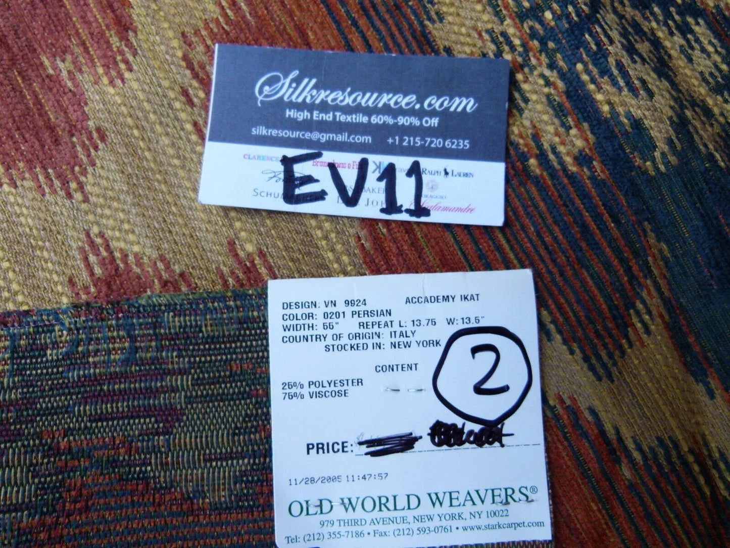 27 Ev11 Scalamandre Showroom Sample 34"x26" Academy Ikat Persian Blue Tan Red Woven #2