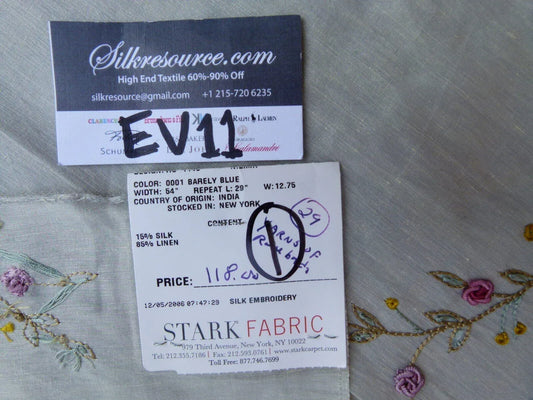 30 Ev11 Scalamandre Showroom Sample 33"x27" Nilima Barely Blue Delicate Floral Vine Embroidery Silk Linen Per Piece