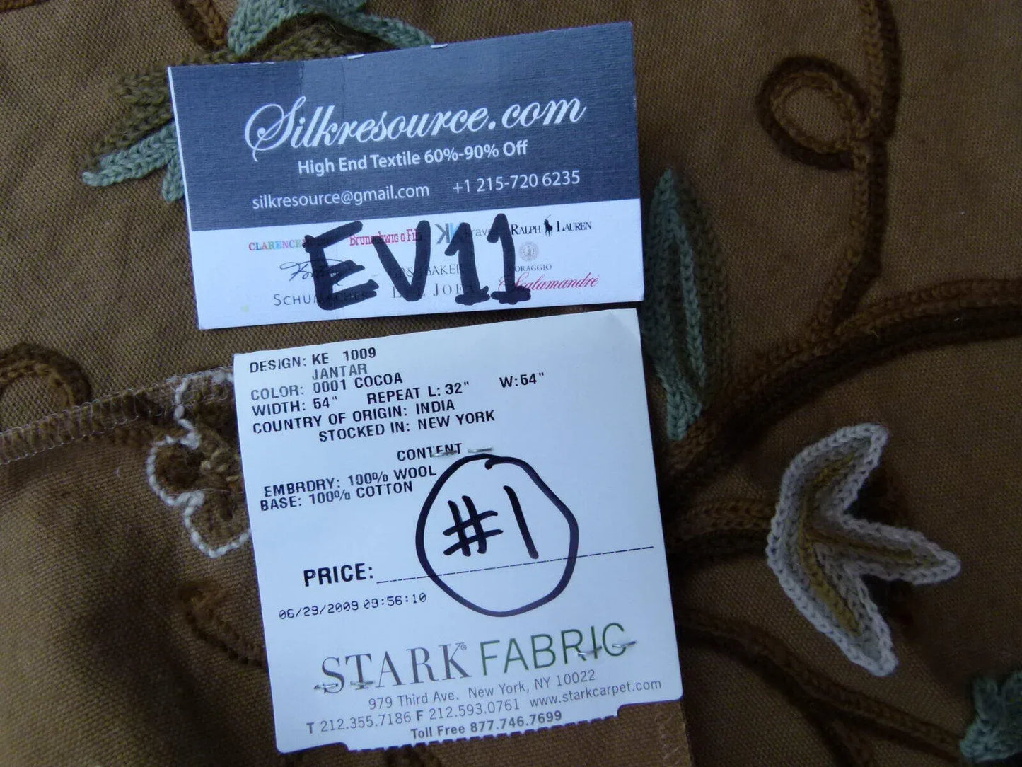 31 Ev11 Scalamandre Showroom Sample 35"x28" Jantar Cocoa Brown Green Floral Crewel Embroidery Cotton Wool #1