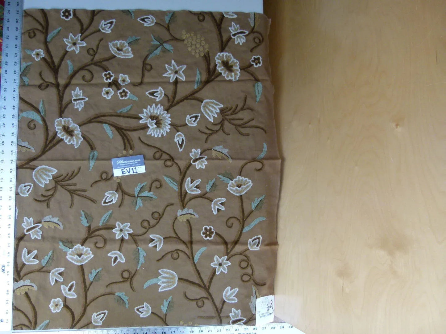 34 Ev11 Scalamandre Showroom Sample 35"x28" Jantar Cocoa Brown Green Floral Crewel Embroidery Cotton Wool #4