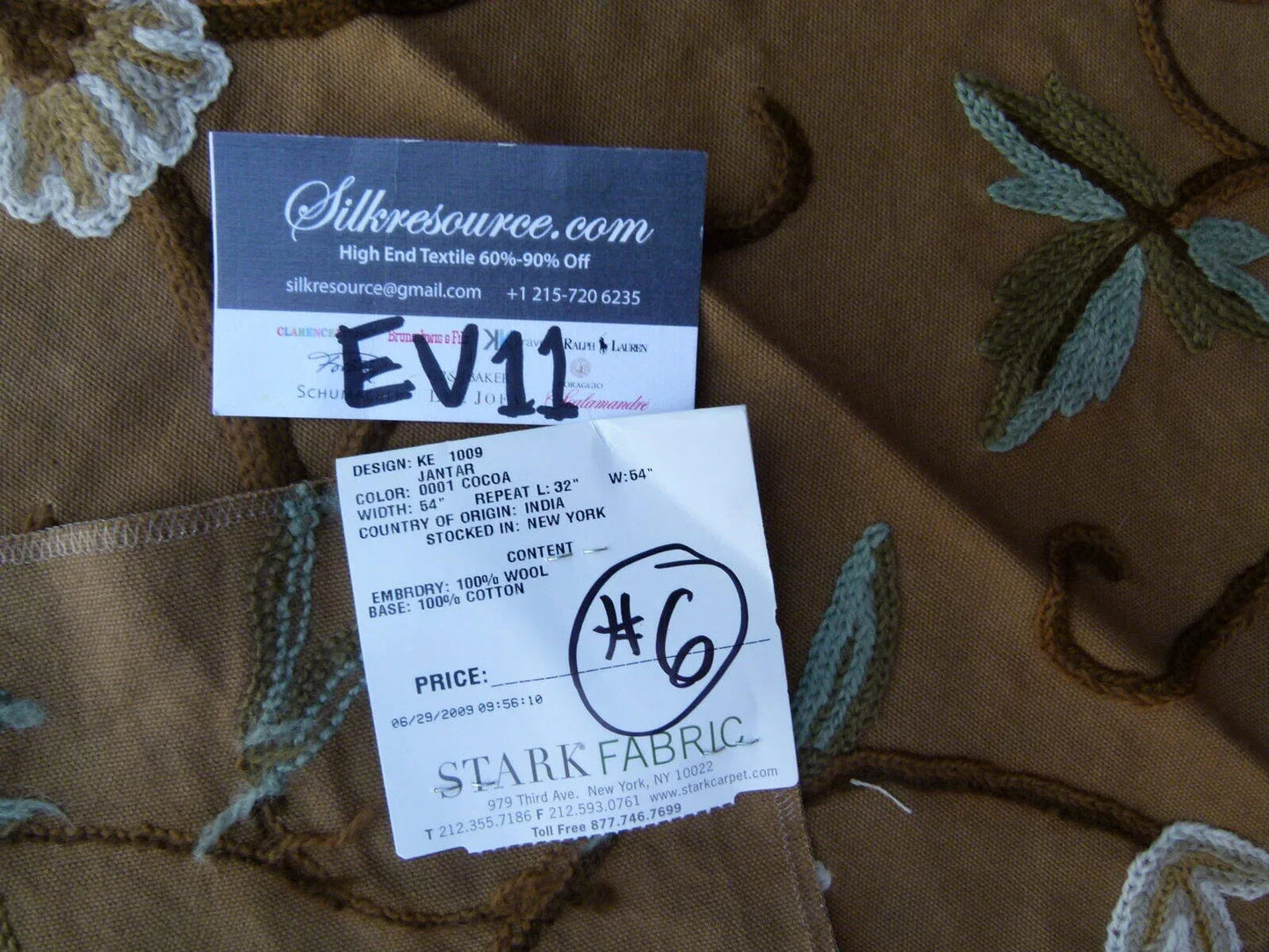36 Ev11 Scalamandre Showroom Sample 35"x28" Jantar Cocoa Brown Green Floral Crewel Embroidery Cotton Wool #6