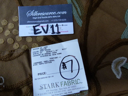 37 Ev11 Scalamandre Showroom Sample 35"x28" Jantar Cocoa Brown Green Floral Crewel Embroidery Cotton Wool #7