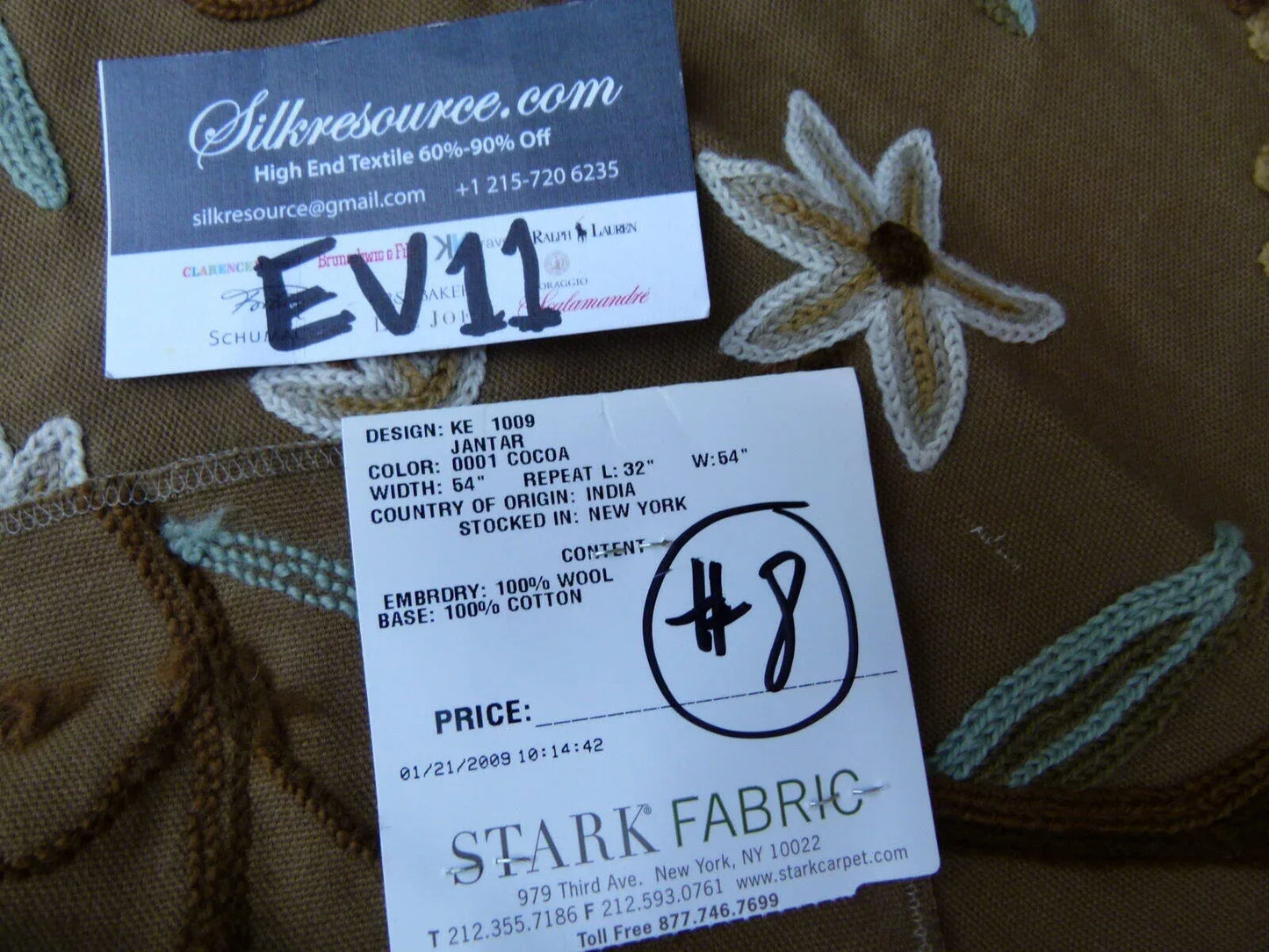 38 Ev11 Scalamandre Showroom Sample 35"x28" Jantar Cocoa Brown Green Floral Crewel Embroidery Cotton Wool #8
