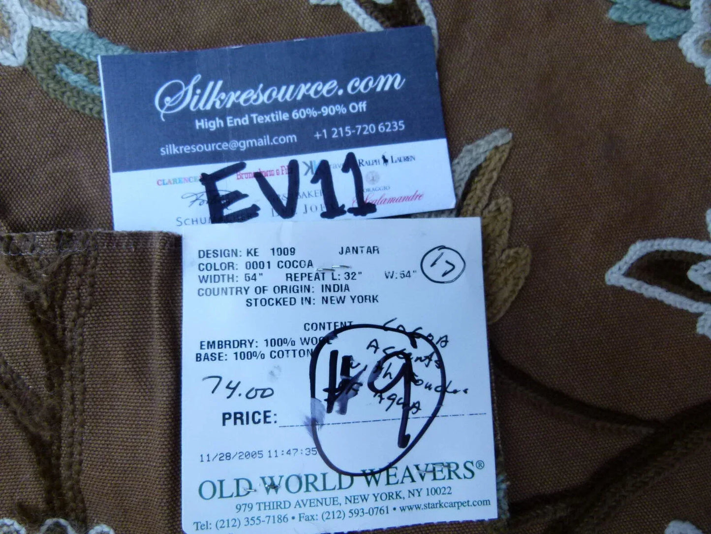 39 Ev11 Scalamandre Showroom Sample 35"x28" Jantar Cocoa Brown Green Floral Crewel Embroidery Cotton Wool #9