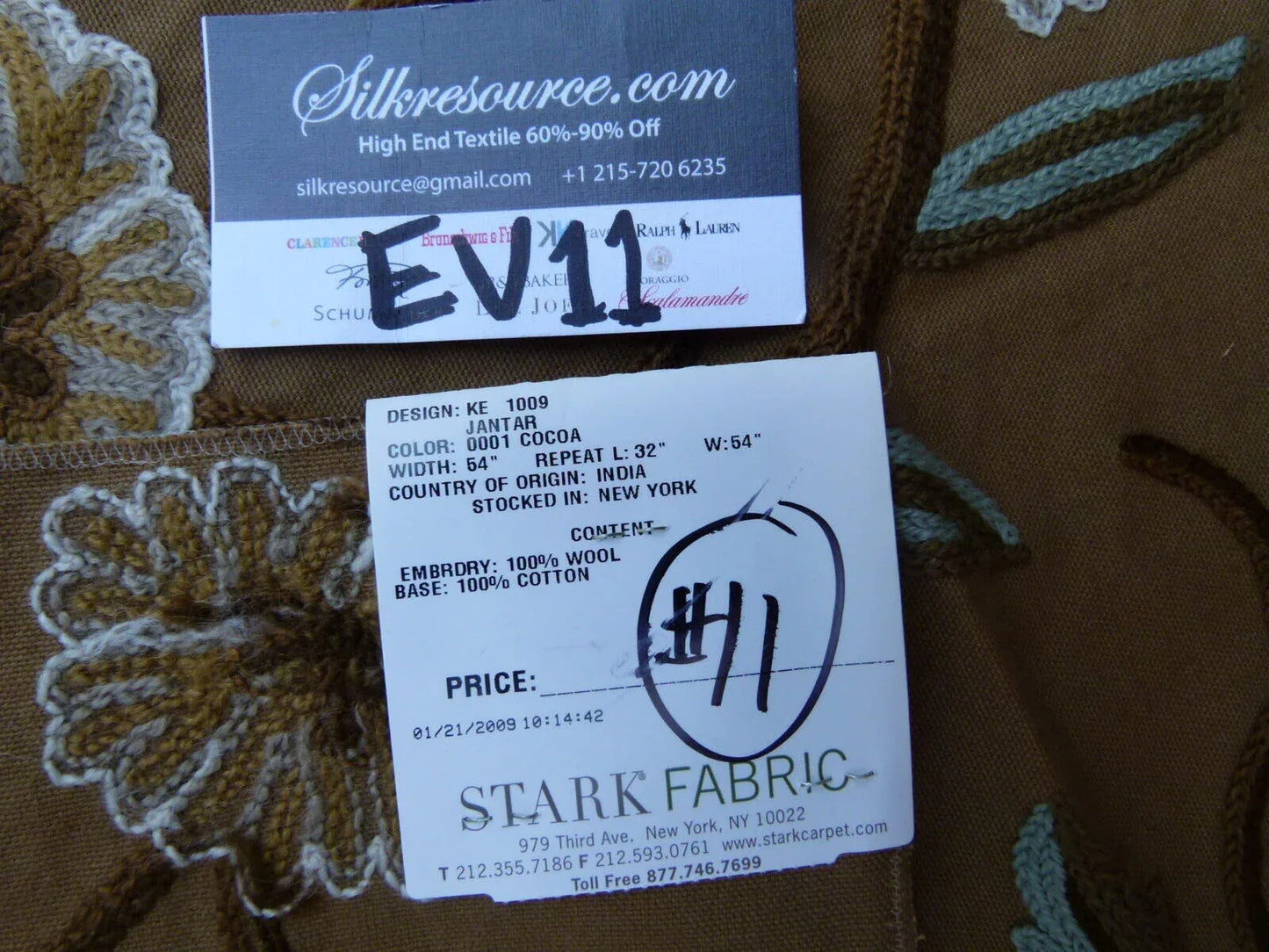 41 Ev11 Scalamandre Showroom Sample 35"x28" Jantar Cocoa Brown Green Floral Crewel Embroidery Cotton Wool #11