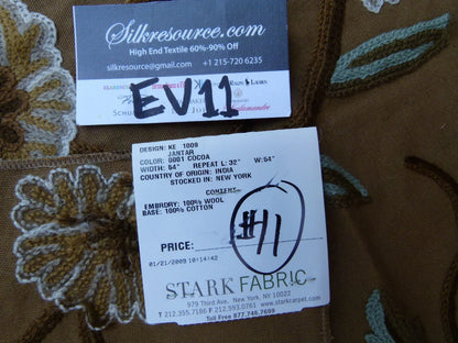 41 Ev11 Scalamandre Showroom Sample 35"x28" Jantar Cocoa Brown Green Floral Crewel Embroidery Cotton Wool #11