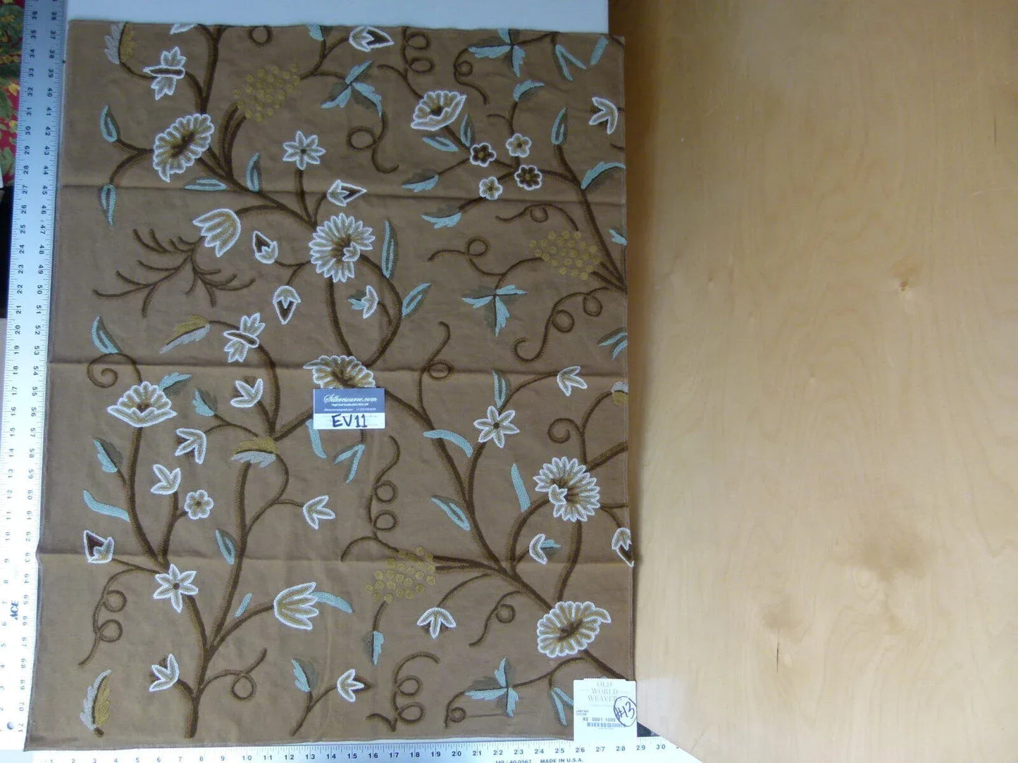 43 Ev11 Scalamandre Showroom Sample 35"x28" Jantar Cocoa Brown Green Floral Crewel Embroidery Cotton Wool #13