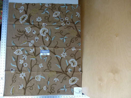 43 Ev11 Scalamandre Showroom Sample 35"x28" Jantar Cocoa Brown Green Floral Crewel Embroidery Cotton Wool #13